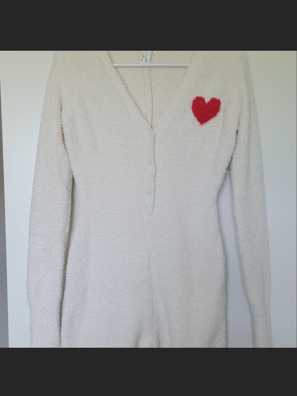 Forever 21 Cream Fuzzy One-Piece Pajama Romper with Red Heart